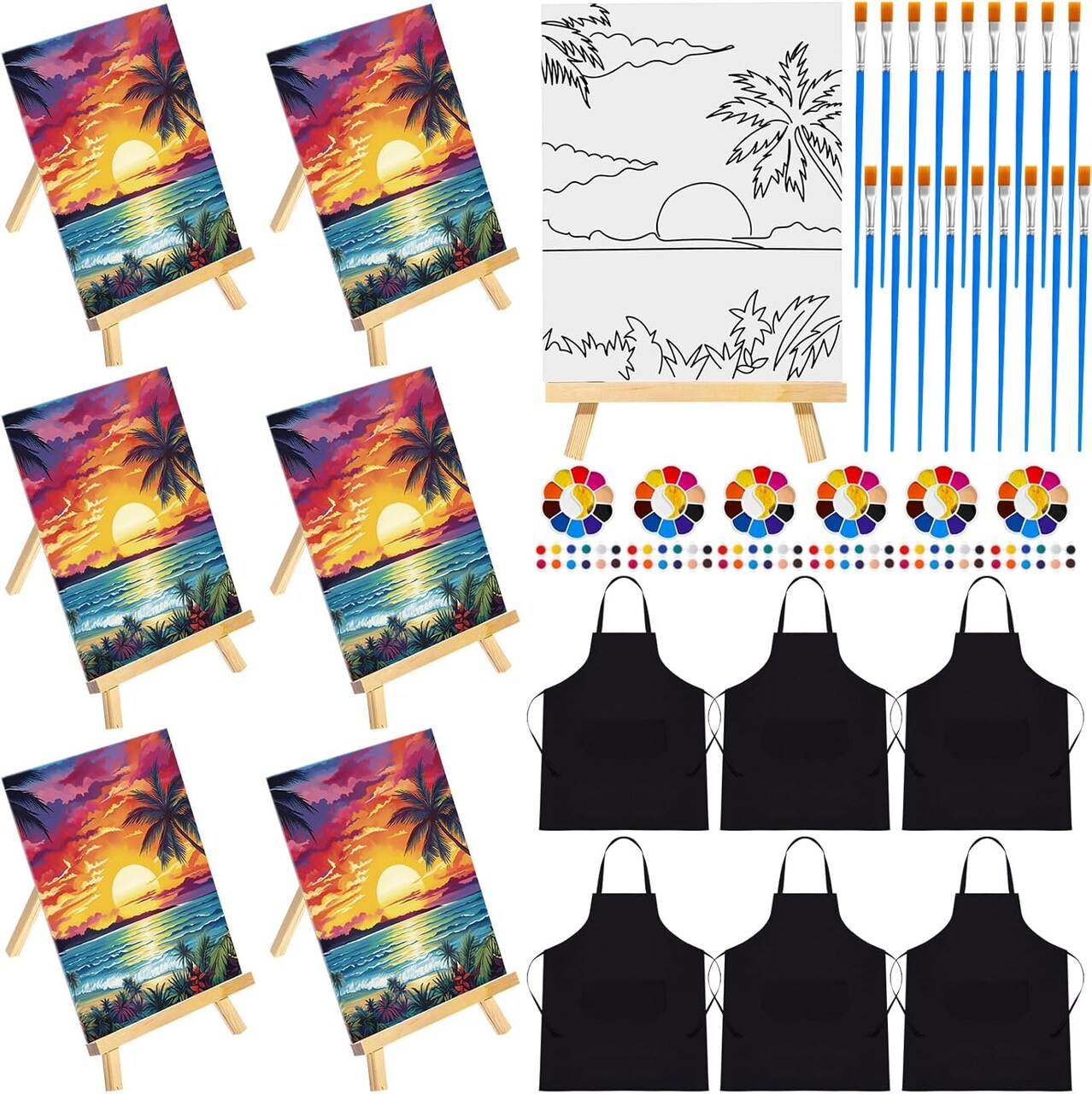 6 Set Pre Drawn Canvas for Painting for Adults Sip and Paint Kit with Easels 8 x 10 Inches Paint Party Kit with Printed Canvas Paints Brushes Palette Apron(Seaside Sunset)